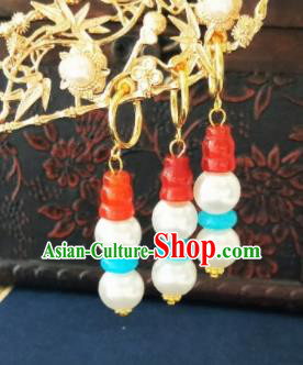 Chinese Ancient Agate White Beads Earrings Qing Dynasty Manchu Palace Lady Three Strings Ear Accessories for Women