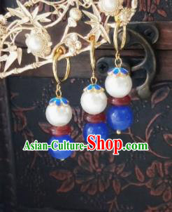 Chinese Ancient Earrings Qing Dynasty Manchu Palace Lady Three Strings Cloisonne Blue Beads Ear Accessories for Women