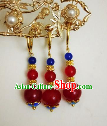 Chinese Ancient Three Strings Red Beads Earrings Qing Dynasty Manchu Palace Lady Ear Accessories for Women