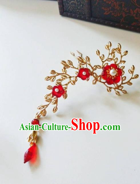 Chinese Ancient Qing Dynasty Hair Accessories Palace Red Flowers Golden Hairpins for Women