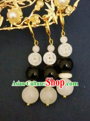 Chinese Ancient White and Black Beads Earrings Qing Dynasty Manchu Palace Lady Three Strings Ear Accessories for Women