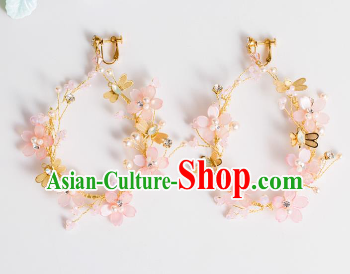 Top Grade Chinese Bride Wedding Accessories Pink Flowers Earrings for Women