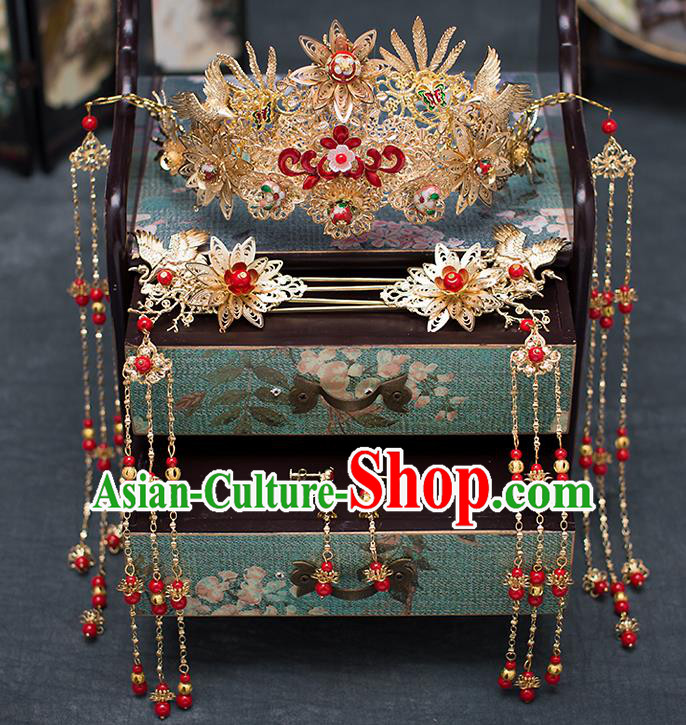 Chinese Traditional Wedding Bride Phoenix Coronet Hair Accessories Ancient Tassel Step Shake Hairpins for Women