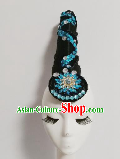 Chinese Traditional Classical Dance Blue Crystal Hair Accessories Folk Dance Headwear and Wig for Women