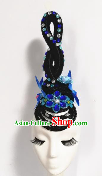 Chinese Traditional Classical Dance Blue Flower Hair Accessories Folk Dance Headwear and Wigs for Women