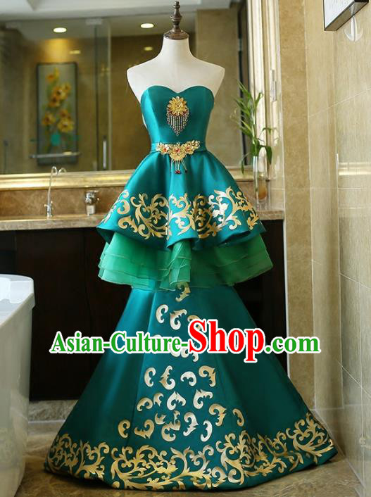 Chinese Traditional Compere Green Full Dress Embroidered Cheongsam Chorus Costume for Women