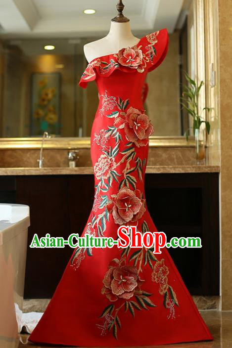 Chinese Traditional Compere Red Full Dress Embroidered Cheongsam Chorus Costume for Women