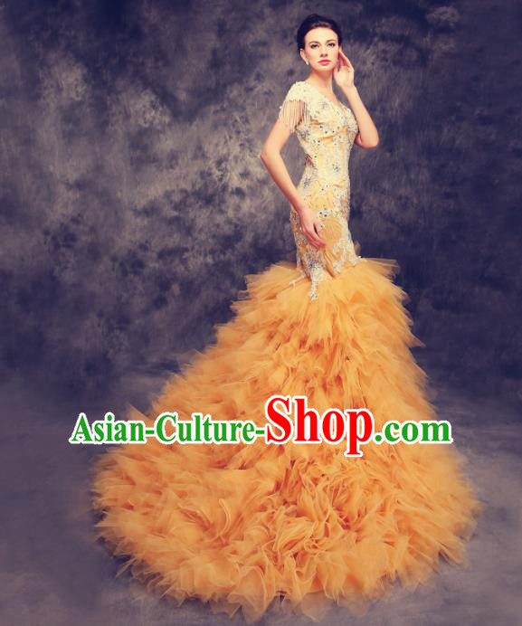 Chinese Traditional Compere Yellow Veil Full Dress Cheongsam Chorus Costume for Women