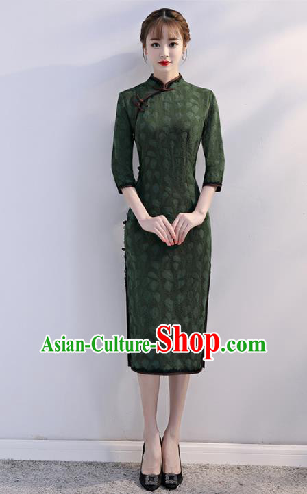 Chinese Traditional Full Dress Deep Green Short Cheongsam Compere Costume for Women