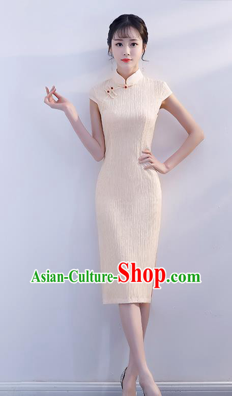 Chinese Traditional Beige Qipao Dress Short Cheongsam Compere Costume for Women