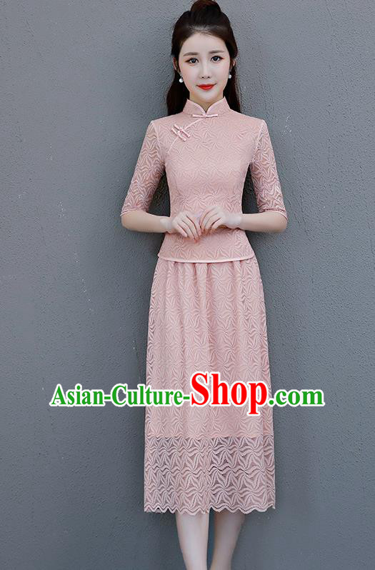 Chinese Traditional Qipao Dress Champagne Lace Cheongsam Suits Compere Costume for Women