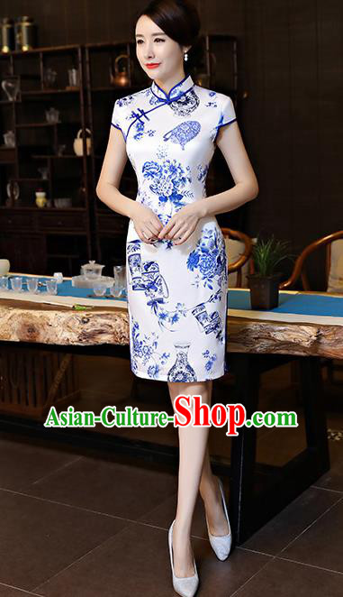 Chinese Traditional Printing Qipao Dress Retro Cheongsam Compere Costume for Women