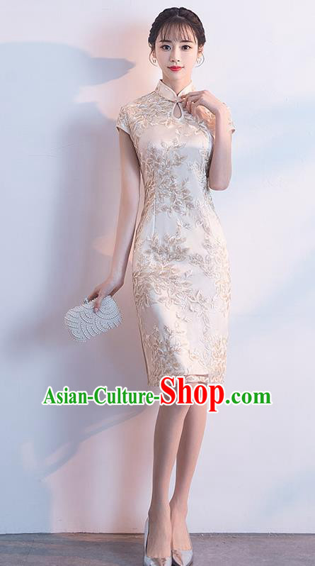 Chinese Traditional Qipao Dress Champagne Cheongsam Compere Costume for Women