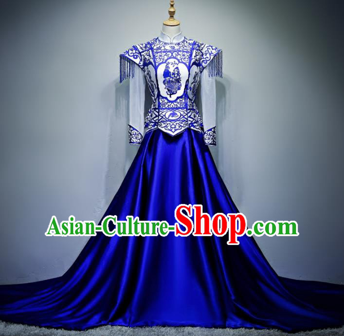 Chinese Traditional Blue and White Porcelain Full Dress Compere Chorus Costume for Women