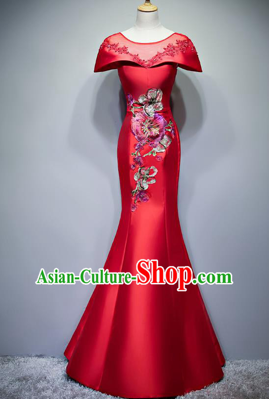 Chinese Traditional Embroidered Red Full Dress Compere Chorus Costume for Women