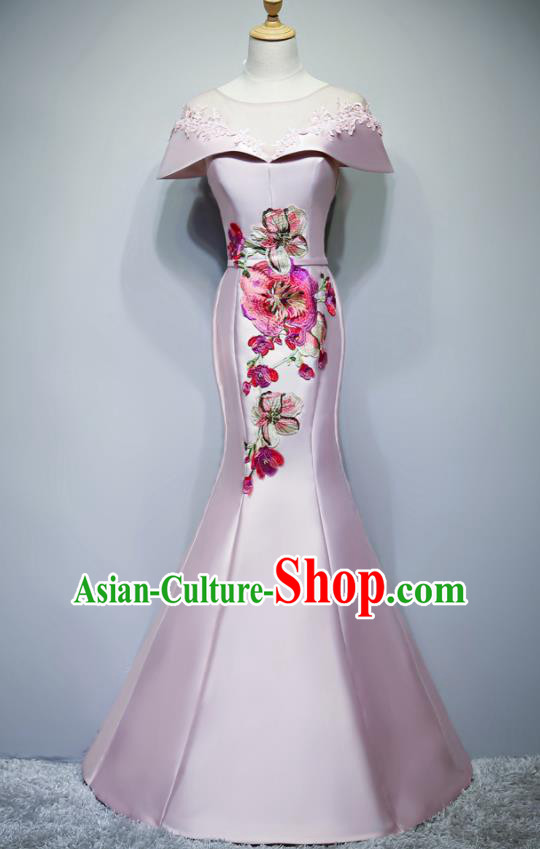 Chinese Traditional Embroidered Pink Full Dress Compere Chorus Costume for Women