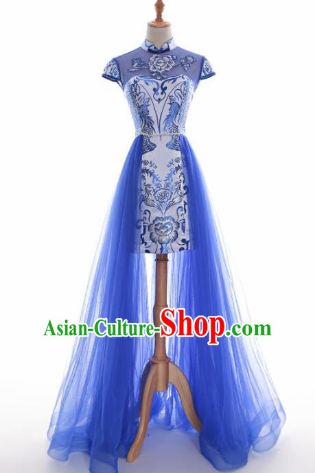 Chinese Traditional Blue Veil Cheongsam Full Dress Compere Chorus Costume for Women