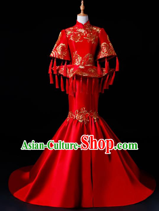 Chinese Traditional National Red Cheongsam Compere Chorus Costume Full Dress for Women