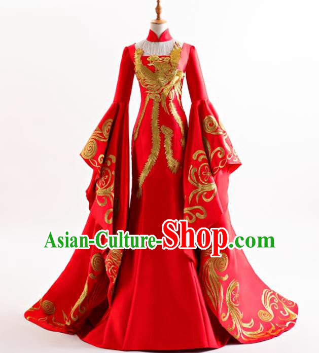 Chinese Traditional Embroidered Red Cheongsam Full Dress Compere Chorus Costume for Women