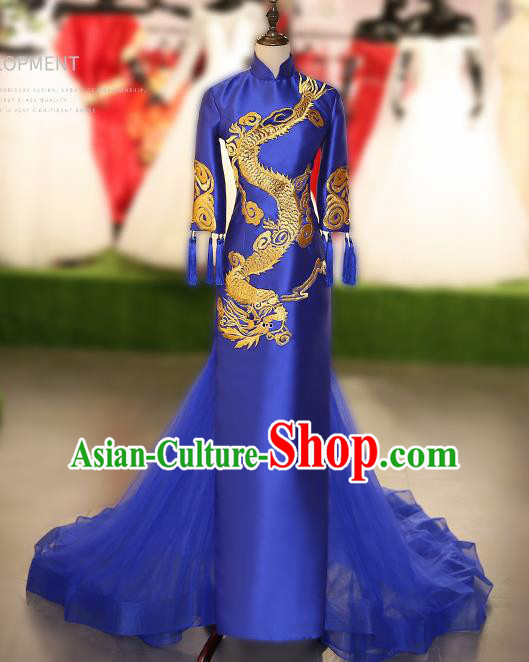 Chinese Traditional Embroidered Dragon Royalblue Full Dress Compere Chorus Costume for Women