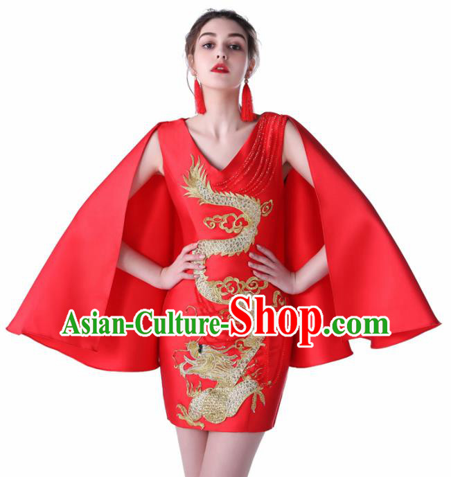 Chinese Traditional Embroidered Dragon Red Short Full Dress Compere Chorus Costume for Women