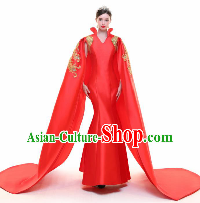 Chinese Traditional Red Cloak Full Dress Compere Chorus Costume for Women