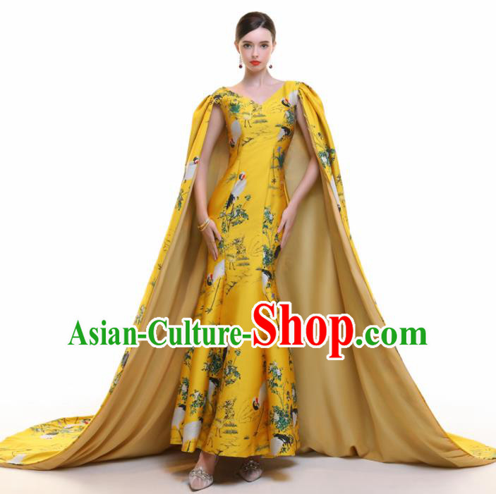 Chinese Traditional Yellow Cloak Full Dress Compere Chorus Costume for Women