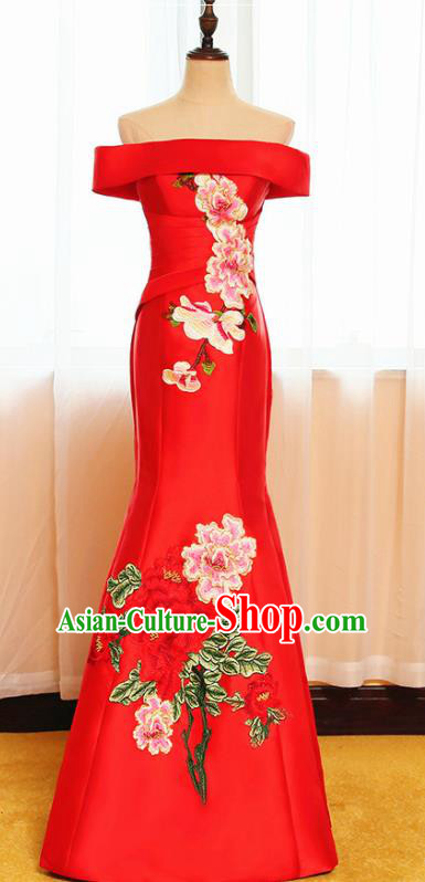 Chinese Traditional Embroidered Peony Off Shoulder Red Full Dress Compere Chorus Costume for Women