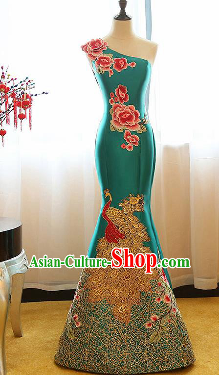 Chinese Traditional Compere Green Full Dress Cheongsam Chorus Costume for Women