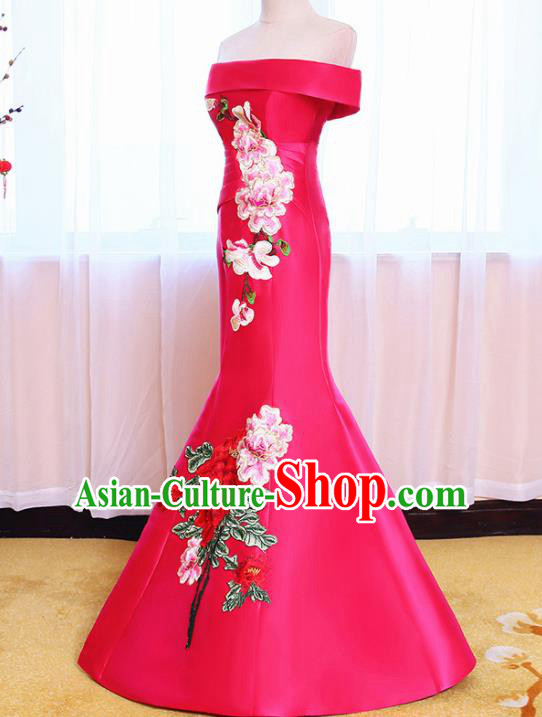 Chinese Traditional Embroidered Peony Off Shoulder Rosy Full Dress Compere Chorus Costume for Women