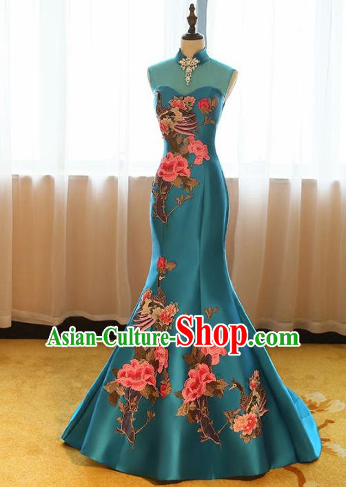 Chinese Traditional Compere Catwalks Blue Cheongsam Chorus Costume for Women