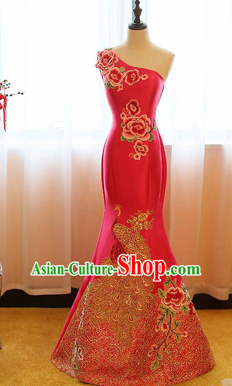 Chinese Traditional Compere Rosy Full Dress Cheongsam Chorus Costume for Women