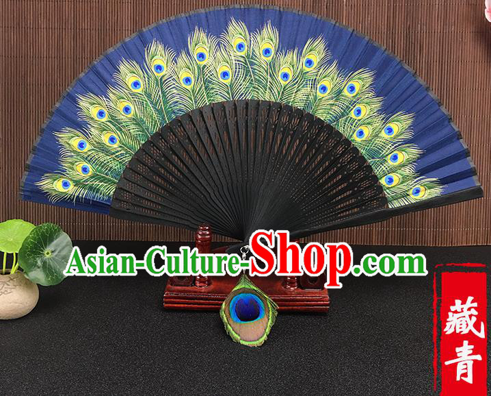 Chinese Traditional Craft Printing Peacock Feather Navy Folding Fans