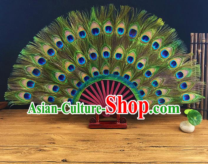 Chinese Traditional Craft Folding Fans Peacock Feather Fans for Women
