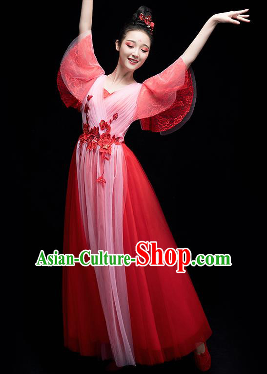 Chinese Traditional Chorus Costumes Modern Dance Red Dress for Women