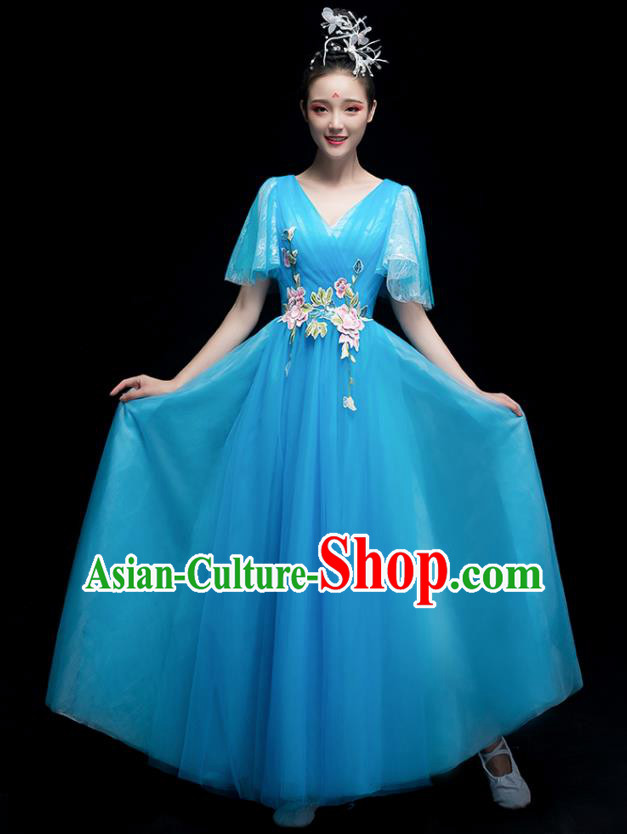 Chinese Traditional Chorus Costumes Modern Dance Blue Dress for Women