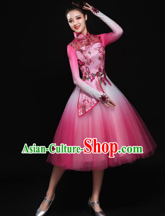 Chinese Traditional Classical Dance Pink Dress Umbrella Dance Chorus Costume for Women