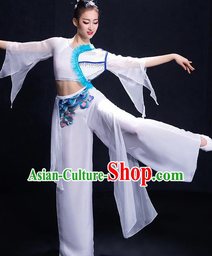 Chinese Traditional Classical Dance Fan Dance White Dress Umbrella Dance Costume for Women