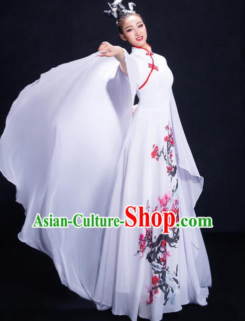 Chinese Traditional Classical Dance White Dress Umbrella Dance Costume for Women