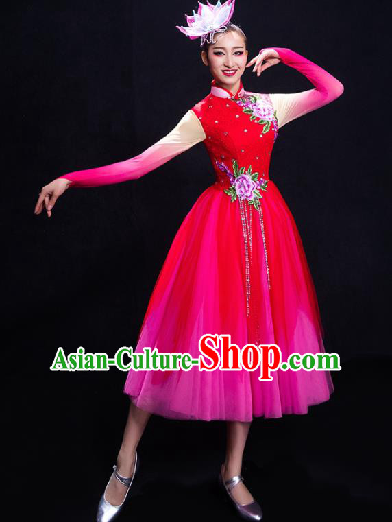 Chinese Traditional Fan Dance Rosy Dress Classical Umbrella Dance Costume for Women