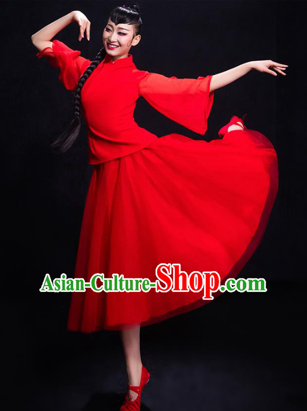 Chinese Traditional Yangko Dance Umbrella Dance Red Clothing Classical Dance Costume for Women