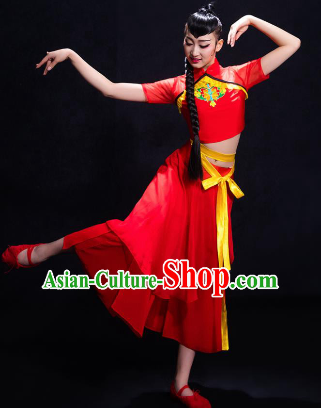 Chinese Traditional Fan Dance Yangko Red Clothing Classical Dance Costume for Women