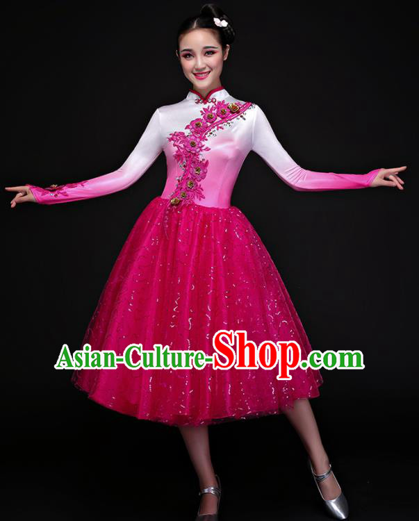 Chinese Traditional Chorus Folk Dance Rosy Dress Classical Dance Costume for Women