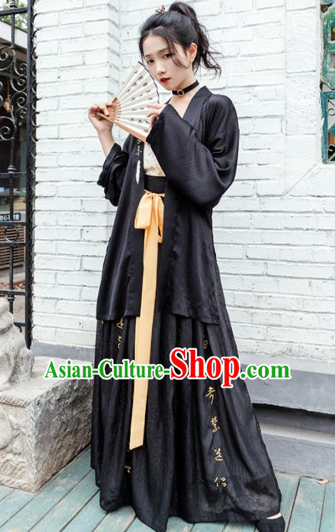 Chinese Traditional Song Dynasty Black Costume Ancient Young Lady Embroidered Hanfu Dress for Women