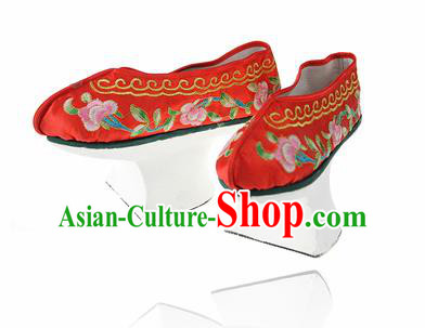 Asian Chinese Ancient Qing Dynasty Palace Saucers Shoes Traditional Red Embroidered Shoes for Women