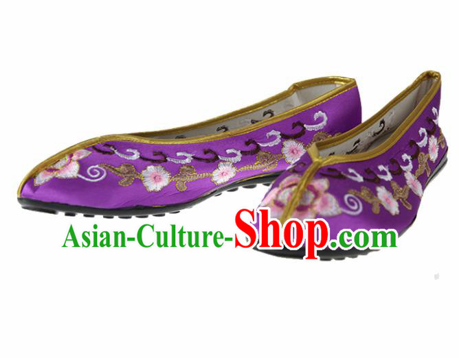 Asian Chinese Traditional Purple Blood Stained Shoes Ancient Embroidered Shoes for Women