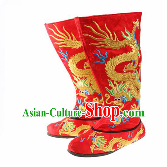 Asian Chinese Traditional Red Boots Ancient Emperor Embroidered Shoes for Men