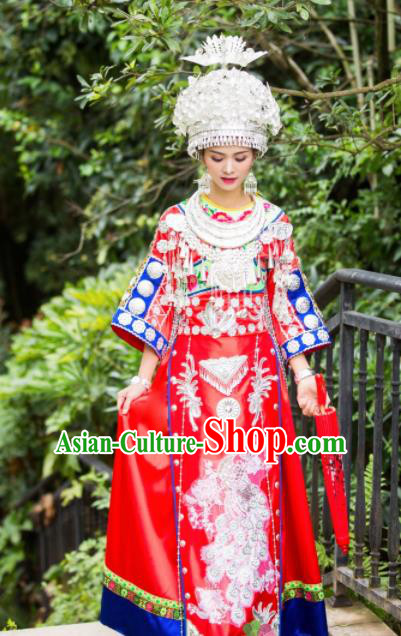 Chinese Traditional Miao Nationality Costume Hmong Bride Embroidered Dress and Headpiece for Women