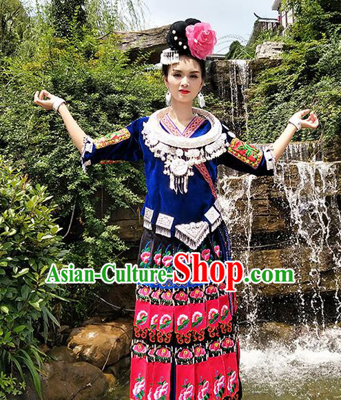 Chinese Traditional Miao Nationality Embroidered Blue Costumes and Headpiece for Women