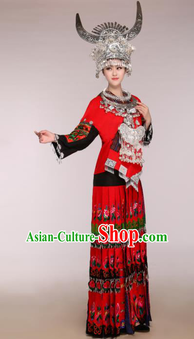 Traditional Chinese Miao Minority Dance Embroidered Red Costumes and Headwear for Women